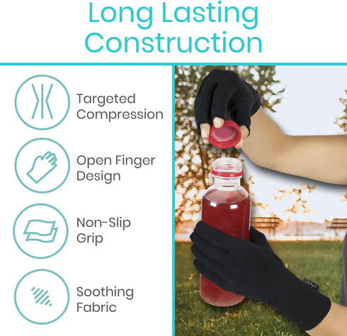Vive Rheumatoid Arthritis Gloves - Fingerless Compression Wrap for Hand Pain and Osteoarthritis - Black