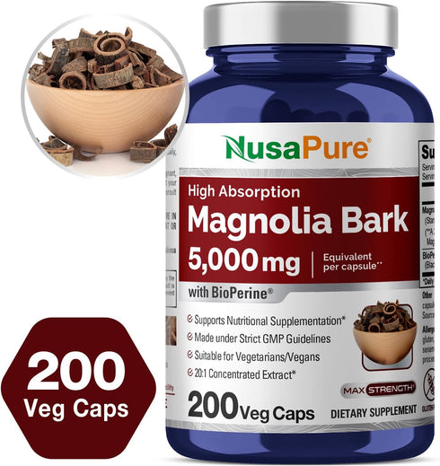 NusaPure Magnolia Bark 5000 mg - 200 Vegan Vegetarian Caps, Non-GMO