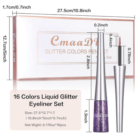 16 Colors Glitter Metallic Liquid Eyeliner Set, Waterproof Long Lasting Eye Makeup Gift Kit for Women