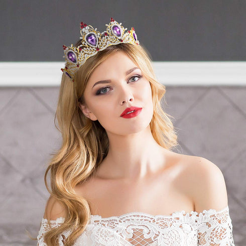 Luxury Purple Crystal Crown, Baroque Rhinestone Tiara and Bridal Crown Headband