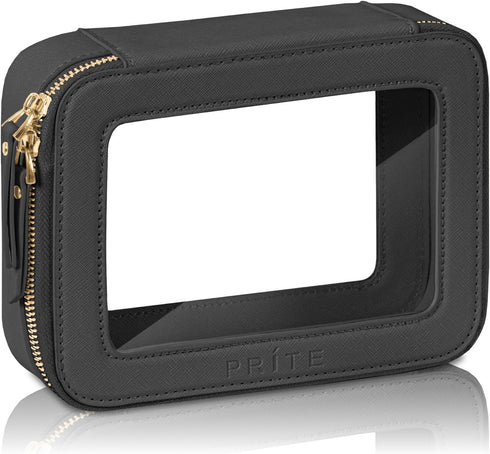 Waterproof Clear Makeup Bag Cosmetic Organizer Case with Golden Zipper for Travel Toiletries (Black)