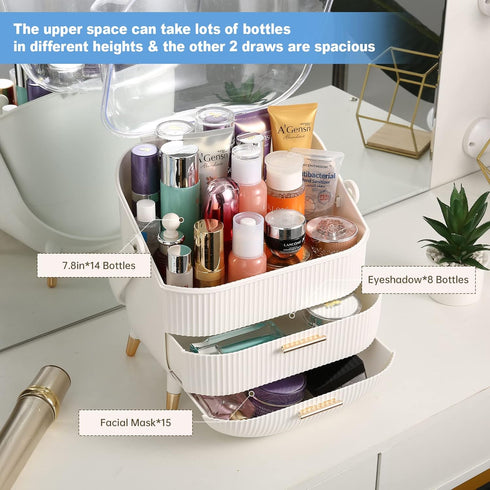 Makeup Organizer, Waterproof 2-Layer Cosmetics Display Case, Skincare Storage Box (White A)