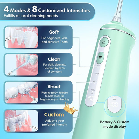 Cordless Water Flosser for Teeth, Portable Dental Cleaner with 8 DIY Modes, 7 Jets, 300ml Tank, Rechargeable (Green)