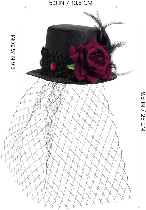 Small Top Hat Hair Clip, Black Veil Flower Decor for Masquerade and Halloween