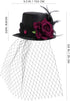 Small Top Hat Hair Clip, Black Veil Flower Decor for Masquerade and Halloween