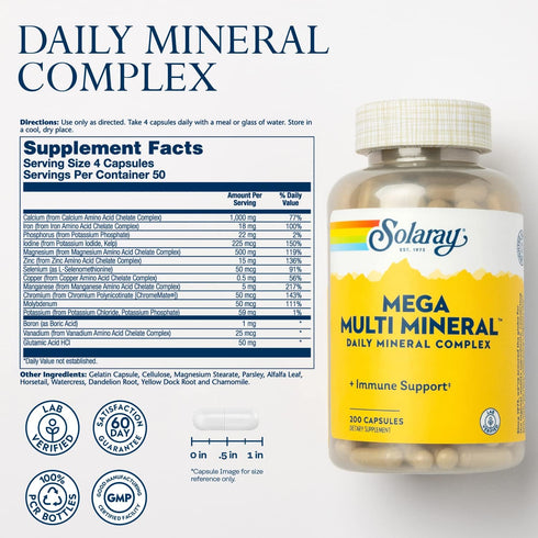 Solaray Mega Multi Mineral, Daily Mineral Complex, 50 Servings, 200 Capsules for Overall Health