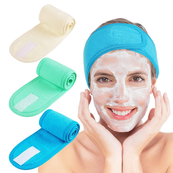 Whaline Spa Facial Headband, Adjustable Terry Cloth Makeup Wrap for Face Washing, Shower, 3 Pieces (Blue, Green, Yellow)