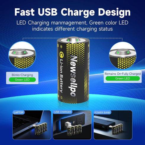 Newsellpo 4 Pack, 1.5V 5000mWh LR14 4-in-1 Rechargeable C Batteries Lithium C Size Battery C Cell with USB-C Charging