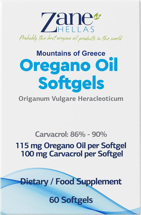 Zane Hellas Oregano Oil Softgels, Extra Strength, 20% Greek Essential Oil of Oregano, 60 Softgels