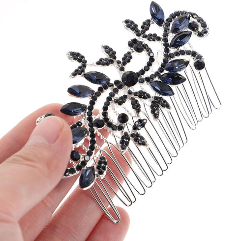 Lurrose Wedding Hair Comb, Blue Rhinestone Hairpin, Vintage Flower Bridal Accessories