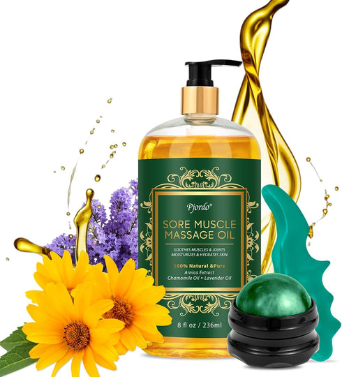 Pjordo Sore Muscle Massage Oil for Massage Therapy, with Massage Roller Ball
