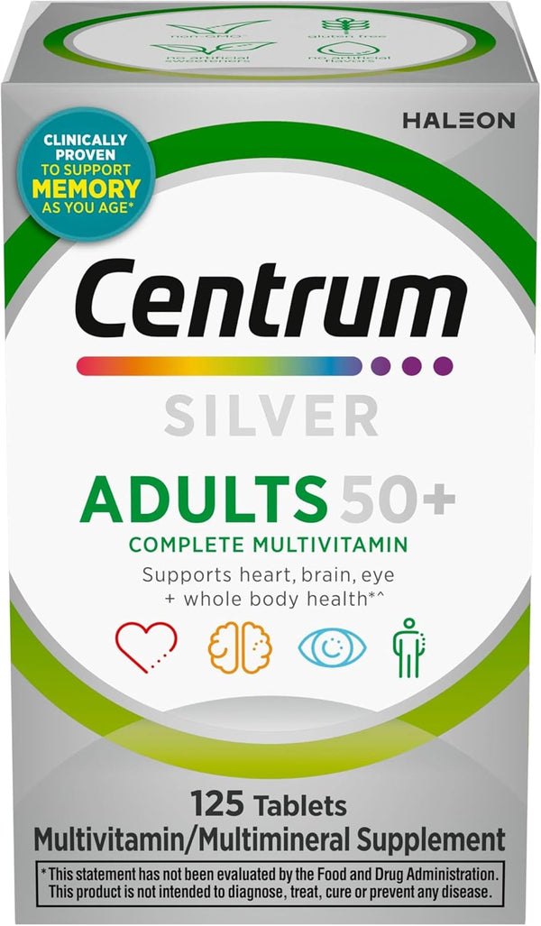 Centrum Silver Multivitamin for Adults 50 Plus, Vitamin D3, B-Vitamins, Gluten Free, 125 Ct Supplement for Memory