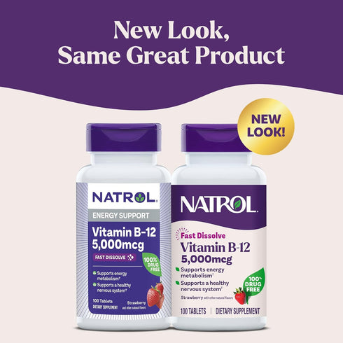 Natrol Vitamin B12 Fast Dissolve Tablets, Maximum Strength, 5,000mcg, 100 Count, Strawberry Flavor