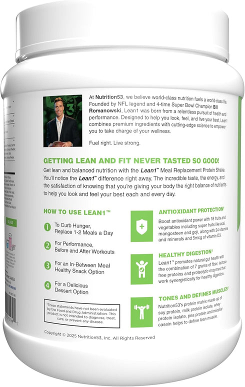 Lean1 15 Meal Replacement Protein Shake, Strawberry Flavor, Serving Tub
