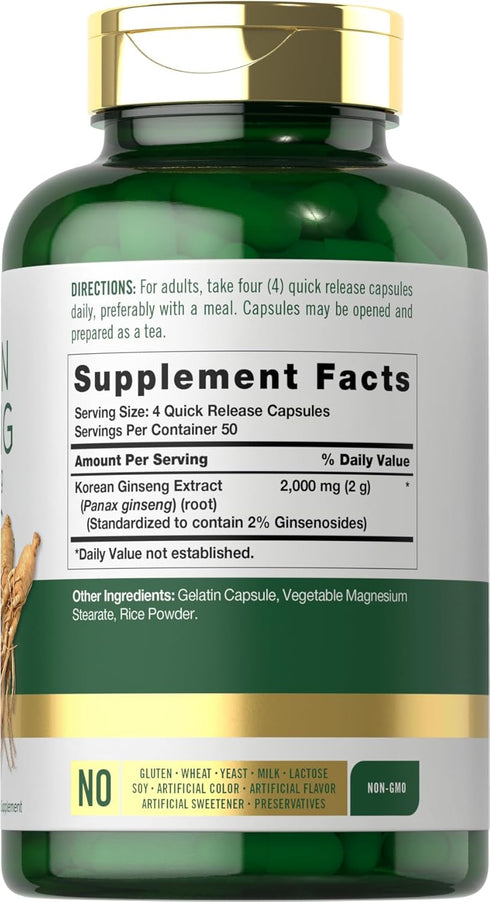 Carlyle Korean Ginseng Extract Capsules 2000 mg | 200 Capsules | Non-GMO and Gluten Free Formula | Standardized Panax Ginseng Supplement