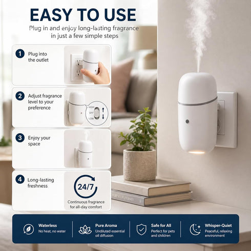 Waterless Essential Oil Diffuser, Cold Waterless Diffuser with Low/High Switch, Plug in Diffuser with Night Light