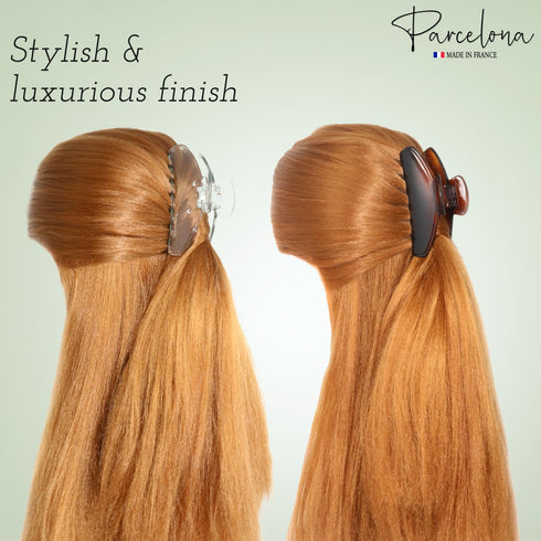 Parcelona French Basic Medium 3 1/2" Celluloid Claw Clips, Durable Styling Hair Accessories (Shell and Clear)