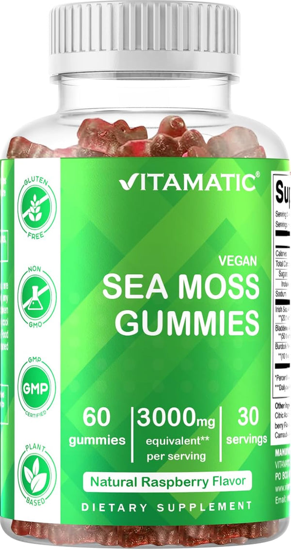 Vitamatic Irish Sea Moss Gummies – 3000mg Equivalent Per Serving, 60 Ct Supplement with Bladderwrack & Burdock Root for