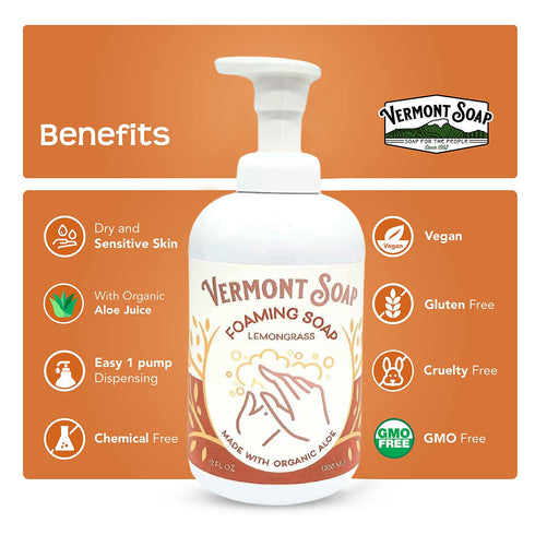 VERMONT SOAP Organic Lemongrass Zen Foaming Hand Soap, Natural Moisturizing Liquid Soap for Dry Skin - 12 oz