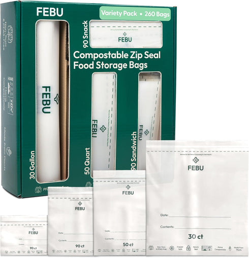 FEBU Compostable Food Storage Bags Variety Pack, 260 Count | Compostable &