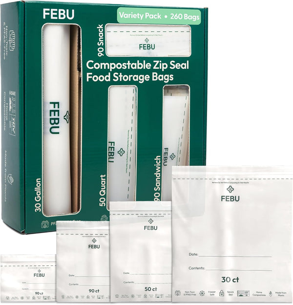 FEBU Compostable Food Storage Bags Variety Pack, 260 Count | Compostable &