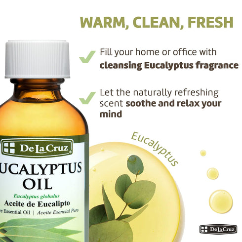 De La Cruz Eucalyptus Essential Oil, 100% Pure Steam Distilled Eucalyptus Globulus, 4 FL OZ, Aromatherapy for Diffuser