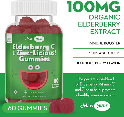 Elderberry Zinc Gummies, Organic Sambucus with Zinc and Vitamin C, Vegan Immune Support for Adults and Kids