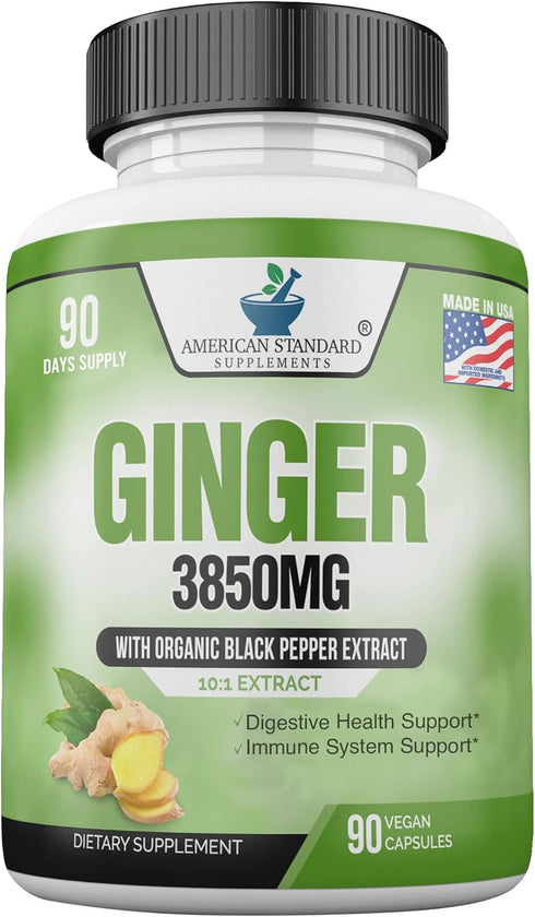 American Standard Supplements Organic Ginger 3850mg with Organic Black Pepper Extract, 90 Capsules