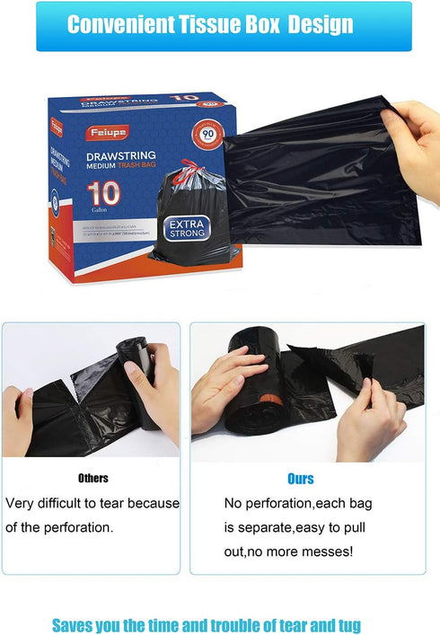 10 Gallon Drawstring Trash Bag, 0.9 Mil, 90 Count (Black, 10 Gallon)