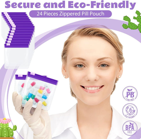 24 Pieces Zippered Pill Pouch Set, Reusable Translucent Medicine Organizer, Purple