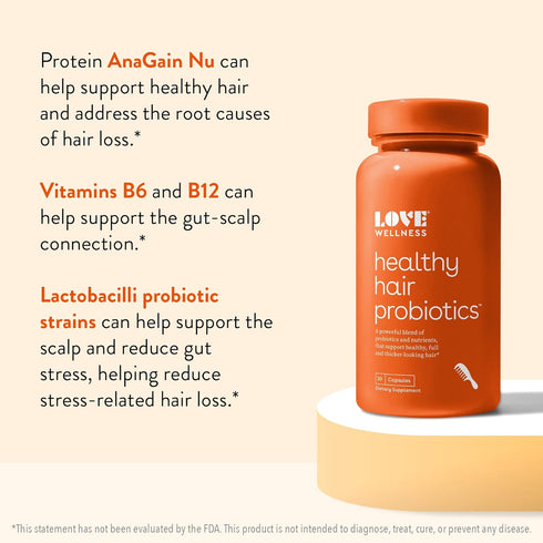 Love Wellness Healthy Hair Probiotics, 30 Capsules, Support Hair Growth with Biotin, Vitamin B12 & B6