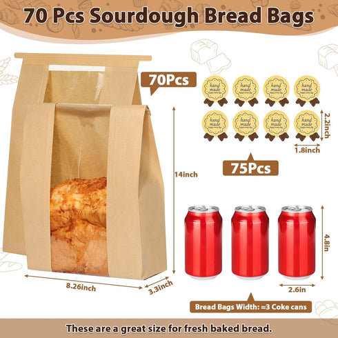 Sublaga 70 Pack 14" 8.3" 3.5" Packaging 75 Bread Bags with Tin Tie Tab Lock, Large Kraft Paper Sour Dough Bag
