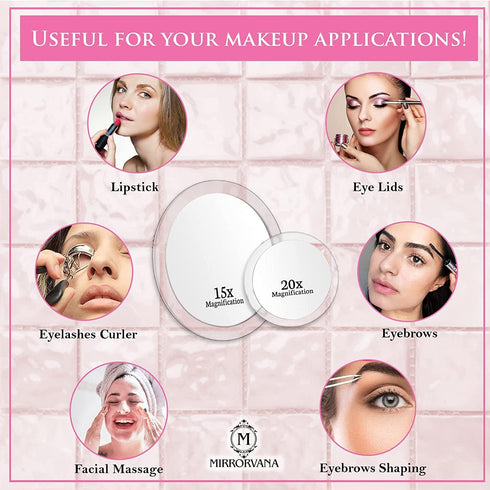 MIRRORVANA 20X & 15X Magnifying Mirror Set - Compact & Travel Ready Makeup Mirror with 3 Suction Cups, Sizes: 6" and 4".