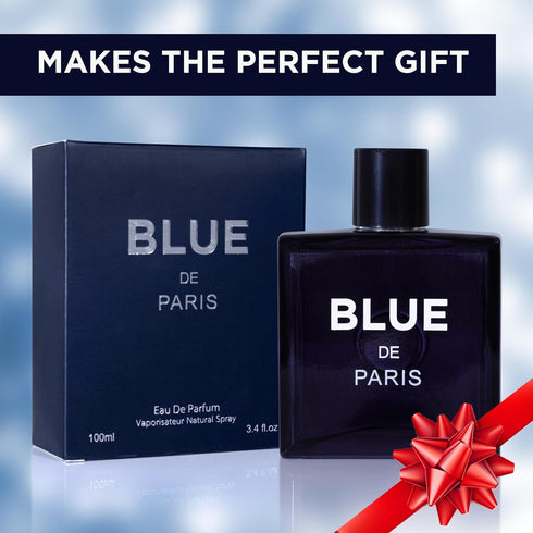 NovoGlow Blue De Paris for Men - 3.4 Fl. Oz. Perfume with Carrying Pouch - Woody Floral & Fruity