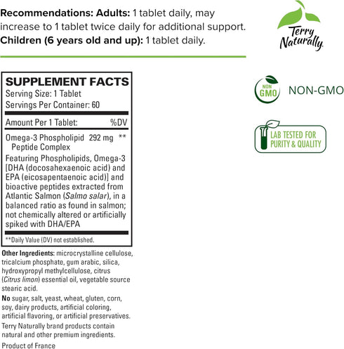 Terry Naturally Vectomega - 60 Tablets of Omega-3 from Salmon, Non-GMO, Gluten Free, EPA & DHA - 60 Servings