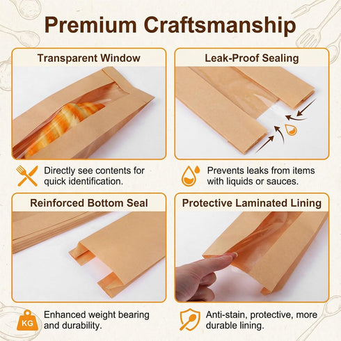 Yuanan 200 23.2"X4.3"X1.6" 300 PCS Paper Bread Bag with Window, French Bread Bags with Seal Stickers Long Paper Breads