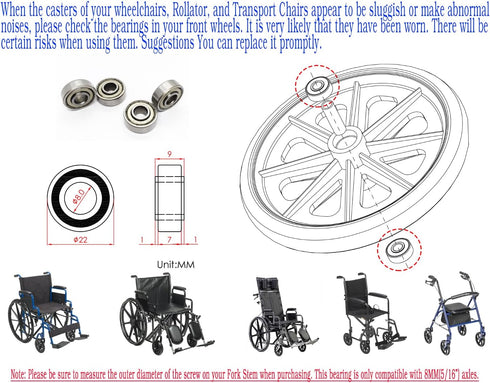 Rollator Caster Wheel Bearings,Wheelchair Caster Bearings,Rollator,Transport Chairs,Wheelchair,Universal Replacement Parts.ID8.0*OD22*T9mm,Compatible with 8.0MM (5/16") Wheel axles,STDS1011,(4pcs)