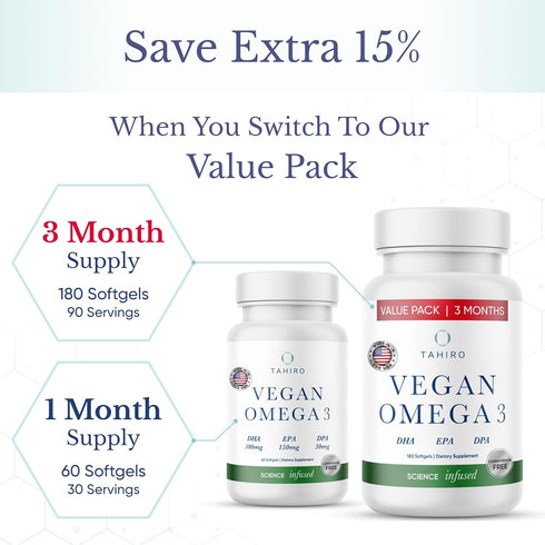 TAHIRO Vegan Omega-3 Softgels - Plant-Based Supplement with DPA, DHA & EPA for Brain Health - 1000mg