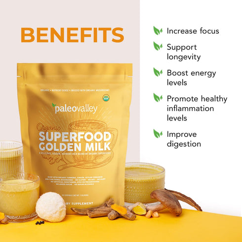 Immune, 30 Paleovalley Organic Superfood Golden Milk - Focus, Cognitive, Longevity - Turmeric, MCT-Rich Coconut Milk
