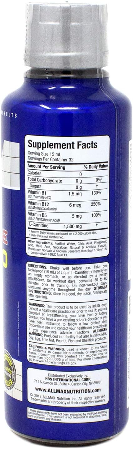 ALLMAX Nutrition Liquid L-Carnitine 1500 - Blue Raspberry, 16 oz (473 ml)