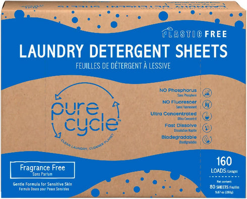 Pure Cycle Laundry Detergent Sheets - No Spill Travel Pack, 160 Loads, Fragrance Free