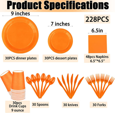 TWOWYHI 228PCS Orange Party Supplies Set Include Paper Plates Cups Paper Napkins Plastic Spoons Forks Knives for 30Guests Disposable Party Dinnerware for Birthday Wedding Party Family Picnic by TWOWYHI