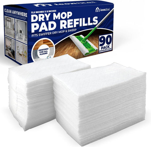 Iconikal Dry Mop Pad Refills (90-Pack) - Unscented Disposable Mop Pads for Sweeping, Mopping, Dusting - Fits Swiffer