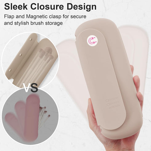 Travel Makeup Brush Holder, Upgrade Khaki Silicone Cosmetic Face Brushes Case, Magnetic Anti-fall Out Makeup Tools