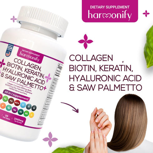 Collagen Biotin Keratin Saw Palmetto Hyaluronic Acid Complex Supplement with Vitamin E, Folic Acid, Pumpkin Seed, and