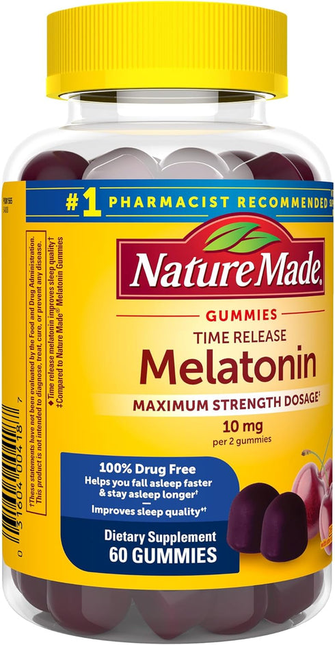 Nature Made Time Release Melatonin 10mg Gummies - Maximum Strength Dosage, 100% Drug Free Sleep Aid for Adults, 60
