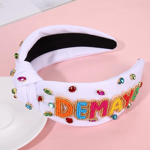 Mexican Headband for Women Cinco De Mayo Headband Beaded Fiesta Knotted Headband Embellished Rhinestone Crystal Wide Top Knot Headband Mexican Holiday Hair Accessory Party Favors Gifts (Cinco De Mayo)