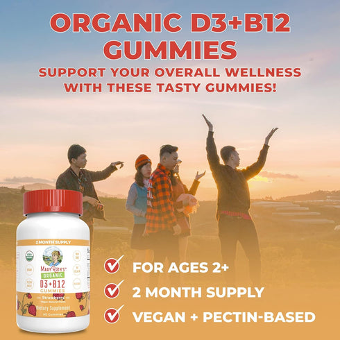 Mary Ruth's Vitamin D3 + B12 Gummies, USDA Organic, 60 Servings for Bone Health and Energy Boost