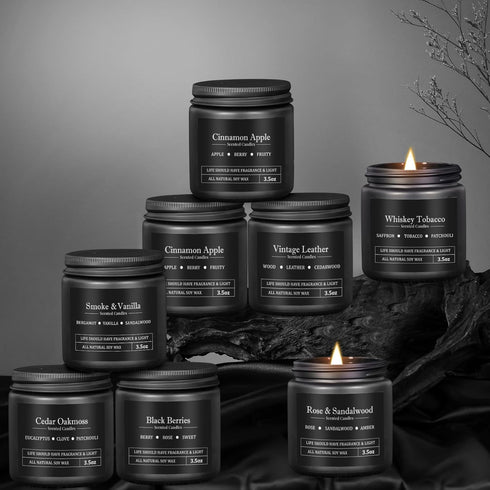 Men's Aromatherapy Gift Set - 8 Scented Candles with Manly Scents (Leather, Smoke, Oak) in Black Candle Jars, Perfect