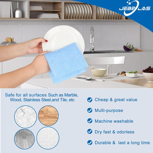 Jebblas 60 Sheets/Pack Reusable Cleaning Towels, Handy Dish Cloths, Absorbent, Quick-Dry, Blue